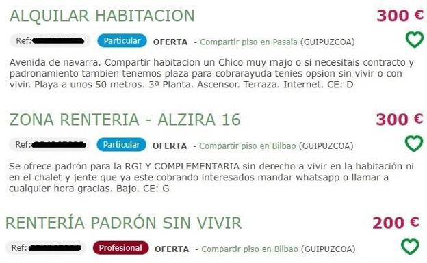Algunos de los anuncios que ofrecen alojamiento 'sin derecho a vivir'.