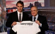 Florentino Pérez presenta a Lopetegui como entrenador del Real Madrid./REUTERS