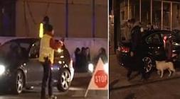 A la izquierda, control de alcoholemia. A la derecha, la brigada canina inspecciona un coche./ Luis Calabor/
