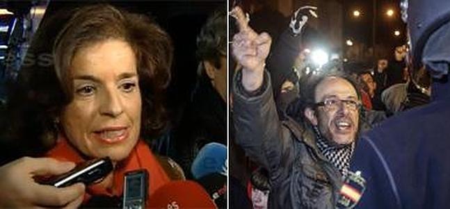 Ana Botella habla ante los medios. A la derecha, la protestas de Gamonal. /Europa Press/