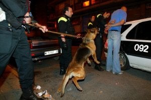 Agentes de la unidad canina realizan un cacheo en Bilbao. / JORDI ALEMANY/