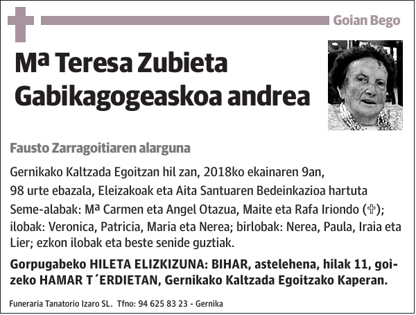 Mª Teresa Zubieta Gabikagogeaskoa