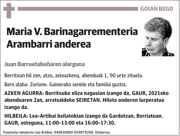 Maria V. Barinagarrementeria Arambarri anderea Juan Barruetabeñaren alarguna