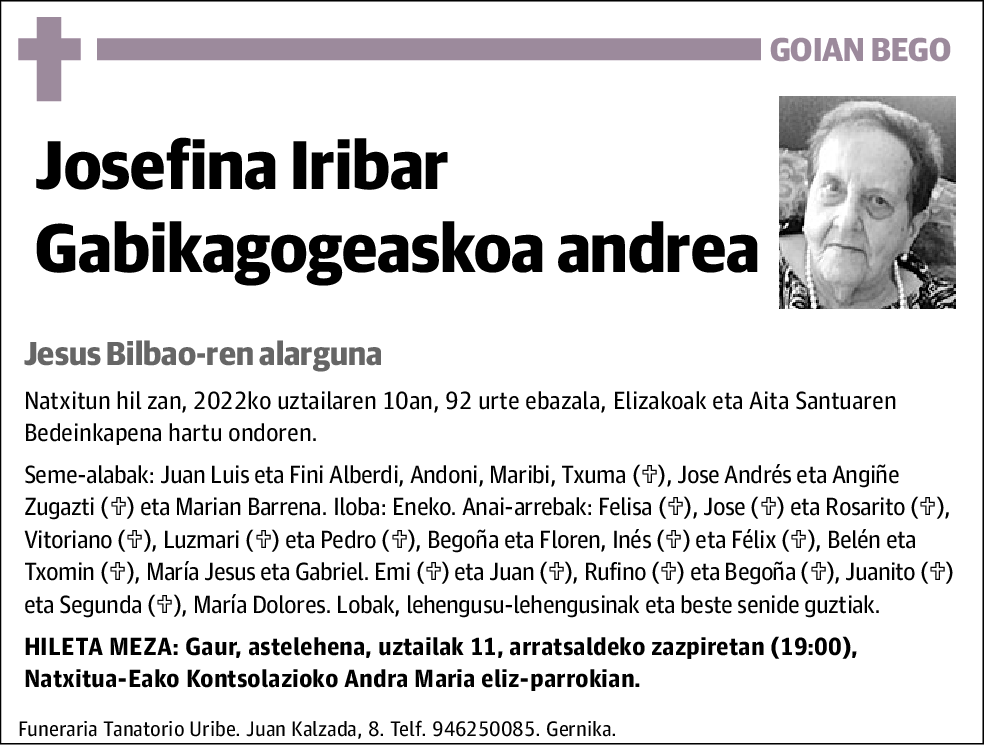 Josefina Iribar Gabikagogeaskoa