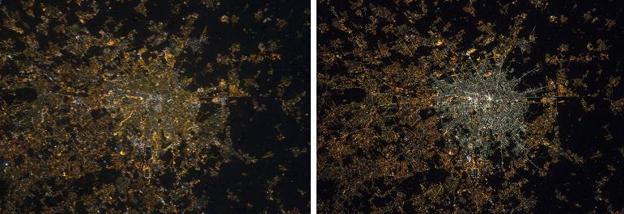 Antes y después de la contaminación lumínica de Milán.